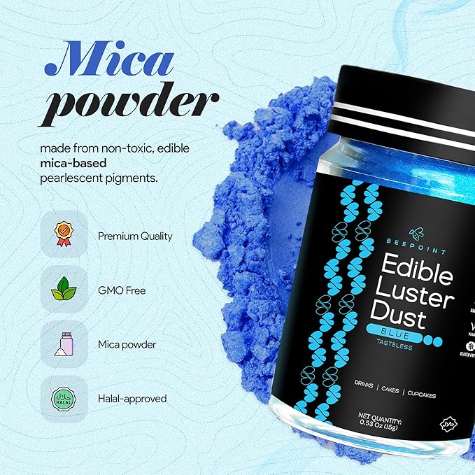 BeePoint Blue Edible Luster Dust 15g - Food Grade, Vibrant Color Shimmer Powdered Dust for Drinks, Cocktails, Cake Decorating, Baking, Chocolates, Candy, Sweets, & Cookies - Vegan & Gluten Free