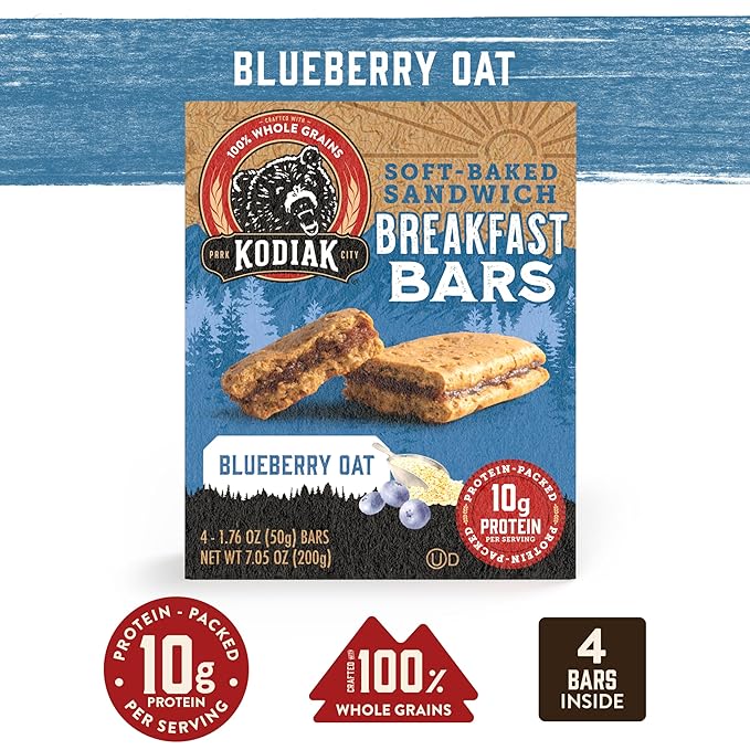 Kodiak Cakes Soft Baked Sandwich Breakfast Bar, Blueberry Oat, High Protein, 100% Whole Grains, 12 boxes with 4 bars each (48 bars total)