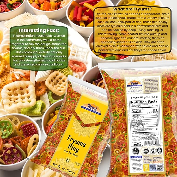 Rani Far Far / Fryums (Wheat & Tapioca Pellet) Ring Shape 7oz (200g) ~ Vegan, Kosher, Uncooked, Used to Make Papad, Bhungra / Chip Snack