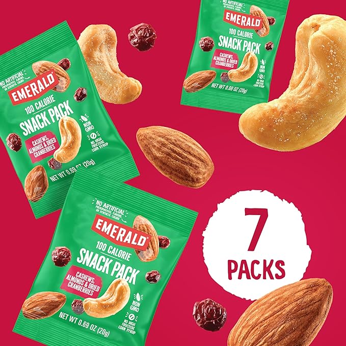 Emerald Nuts Cashews and Almonds with Dried Cranberries 7 Ct (1-Pack) | 100-Calorie Individual Packs of Nut Blend and Dried Fruit | Kosher Certified, Non-GMO, Contains No Artificial Preservatives, Flavors or Synthetic Colors