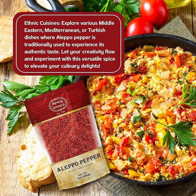 Spicy World Aleppo Pepper Flakes 7 oz | Authentic Turkish Chili Spice for Exquisite Heat & Flavor | Premium Crushed Chili Pepper from Halaby Region | Popular in Turkish & Middle Eastern cooking