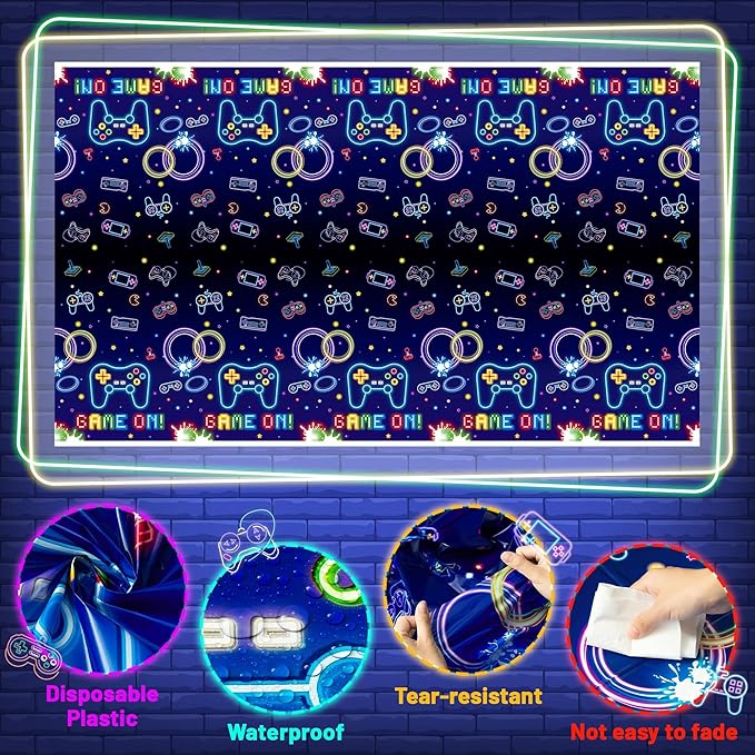 Video Game Party Tablecloths - 3Pcs Neon Video Game Birthday Party Table Covers Decorations, Game on Themed Rectangular Plastic Disposable Table Cloth Decor for Kids Birthday Gaming Events Supplies