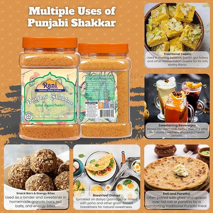 Rani Punjabi Shakkar (Gur Jaggery Powder) Indian Unrefined Raw Cane Sugar 17.5oz (1.1lbs) 500g PET Jar ~ Gluten Friendly | Vegan | NON-GMO | Kosher | No Salt or fillers | Indian Product