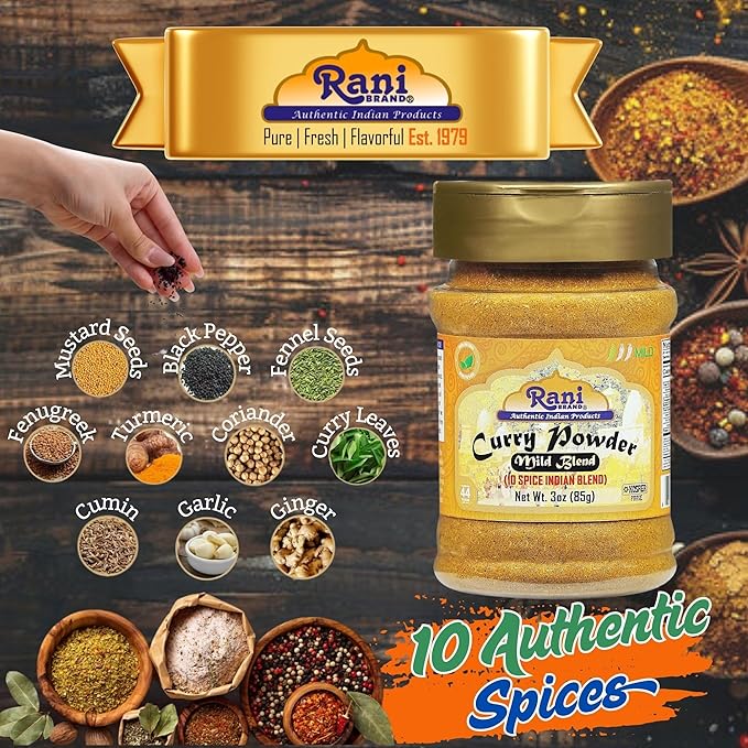 Rani Curry Powder Mild (10-Spice Authentic Indian Blend) 3oz (85g) PET Jar, Pack of 12 ~ All Natural | Salt-Free | NO Chili or Peppers | Vegan | Gluten Friendly | NON-GMO | Kosher | Indian Origin