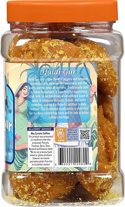Rani Haldi Gur (Turmeric with Indian Jaggery) Indian Unrefined Raw Cane Sugar 17.5oz (1.1lbs) 500g PET Jar ~ Gluten Friendly | Vegan | NON-GMO | Kosher | No Salt or fillers | Indian Product