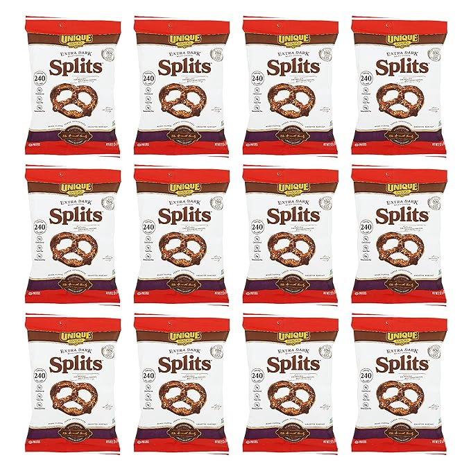 Unique Snacks Extra Dark Splits Pretzels, Original Split-Open Pretzels, Delicious Homestyle-Baked Snack Bag, Vegan, OU Kosher, and Non-GMO Food, No Artificial Flavor, 2.12 Oz. Bag, Pack of 12