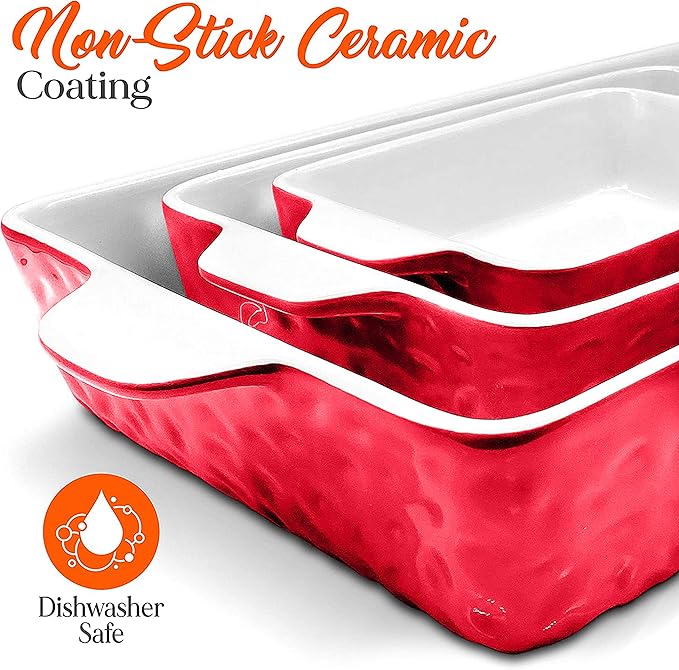 NutriChef 3-Piece Ceramic Casserole Dish for Oven - Premium Lasagna Baking Pans w/ Nonstick Coating & Built-In Handles - Dishwasher & Microwave Safe - 14" x 8", 10" x 6", 7" x 5" - Red