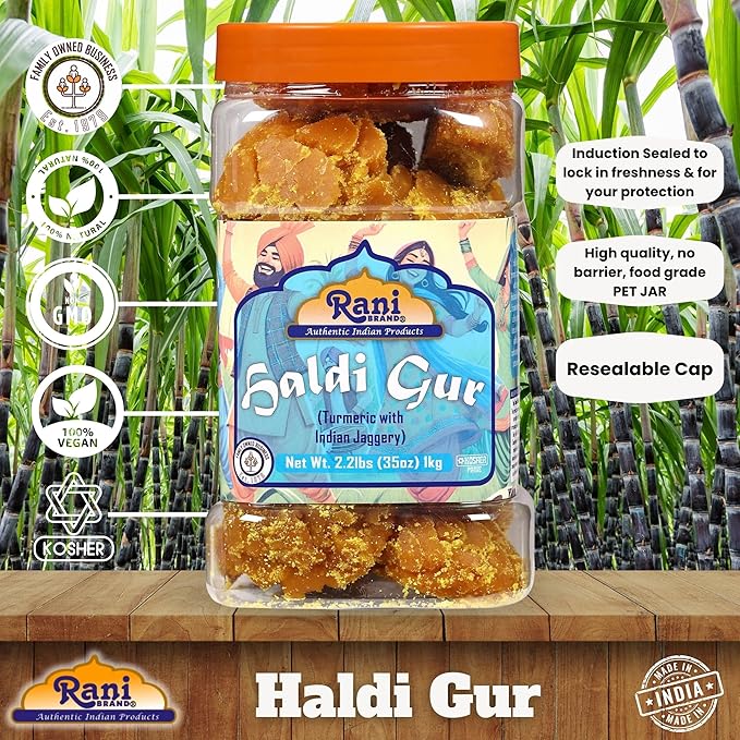 Rani Haldi Gur (Turmeric with Indian Jaggery) Indian Unrefined Raw Cane Sugar 35oz (2.2lbs) 1kg PET Jar ~ Gluten Friendly | Vegan | NON-GMO | Kosher | No Salt or fillers | Indian Product