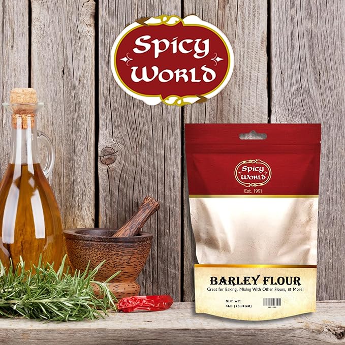 Spicy World Barley Flour - 4 lb (64oz) Bag | All-Natural, Raw, USA Grown | Versatile Barley Grain for Baking, Cooking, and More | Rich Source of Fiber
