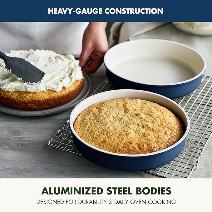 GreenPan Bakeware Set, 7 Piece Nonstick Ceramic Gold Handle Baking Sheets, Cake Pans, Loaf Pan, Muffin Tin, Cooling Rack, PFAS & BPA Free, Freezer to Oven Dish, Bake & Roast Ovenware, Oxford Blue