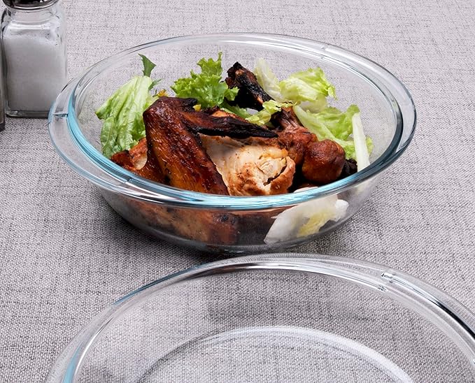 Round Glass Casserole Dish with Lid, Nesting Glass Baking Dish, Heat, Cold and Shock Proof, Oven, Freezer and Dishwasher Safe (1L)