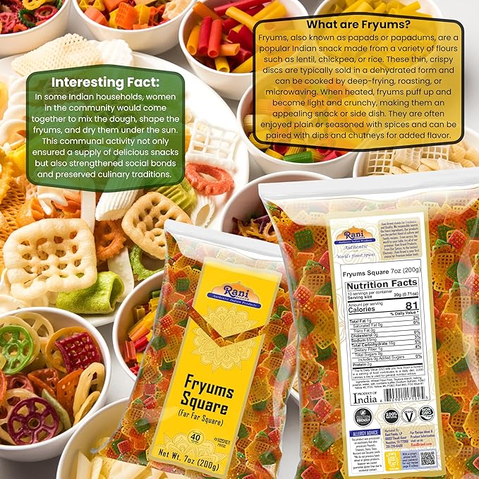 Rani Far Far / Fryums (Wheat & Tapioca Pellet) Square Shape 7oz (200g) ~ Vegan, Kosher, Uncooked, Used to Make Papad, Bhungra / Chip Snack