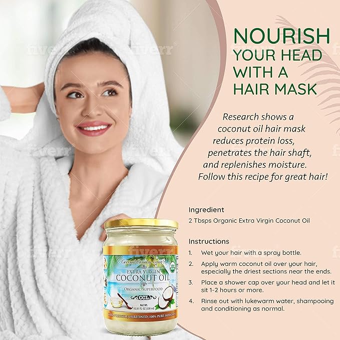 Organic Extra Virgin Coconut Oil - Unrefined Organic Cold Pressed | Ideal For Hair, Skin, Cooking, Body Massage, Beauty and Oil Pulling| Keto & Paleo Cooking Oil - 16.91 oz Coconut oil in Glass Jar