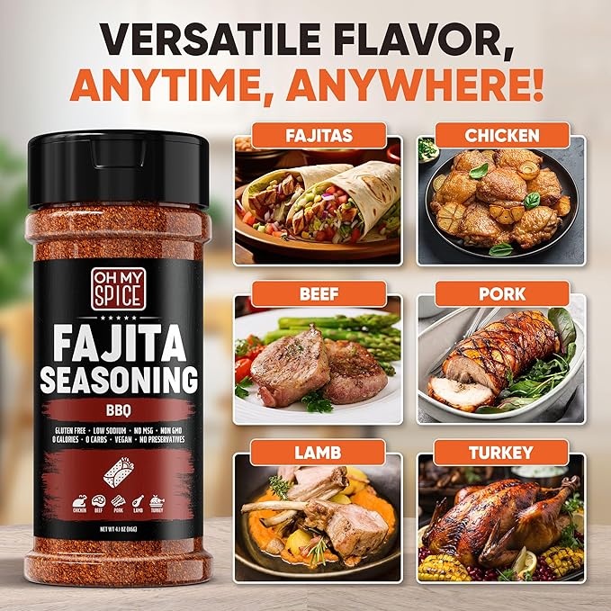 Fajita Seasoning Mix BBQ Rub - Gluten Free & Low Sodium Mexican Seasoning Blend for Meat, Vegetables, Steak & Chicken Fajita. Barbecue Powder Flavor Spices. Fajitas Seasonings Spice. Taco Mix. 4.1oz