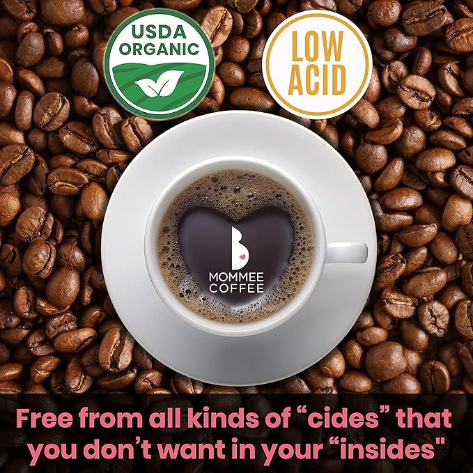 Mommee Coffee Decaf Whole Bean Low Acid Coffee- 100% Arabica Organic Decaf Coffee Beans with Smooth Caramel Flavor - Natural Decaffeination Process - Medium Roast - 11 oz