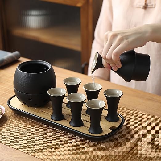 TEANAGOO 10 Pcs Sake Set, Sake Cups(0.9 Oz) with Bamboo Tray, Saki Cup Set with Warmer Pot(6 Oz), Sake Warmer Gift Sets for Friends/Family In Winter. Sake Set with Warmer for Christmas, Birthday, T2