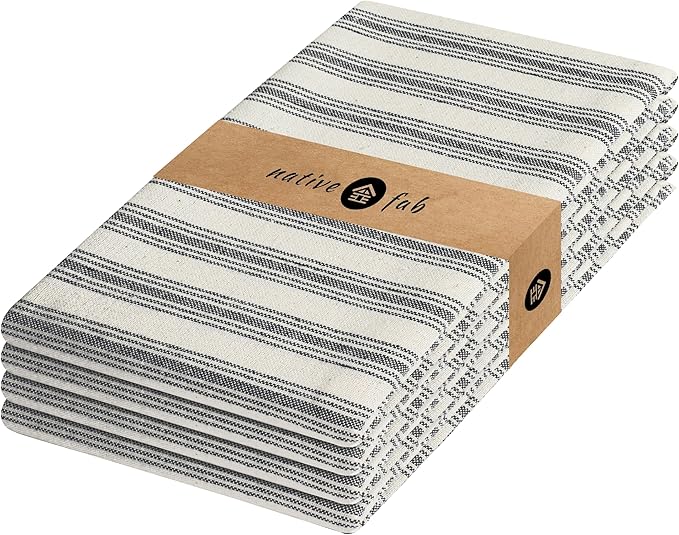Native Fab 4 Pack Farmhouse Modern Stripe Kitchen Dish Towels Cotton Super Absorbent Quick Drying Reusable 18x26 Inches - Bar Hand Towels, Kitchen Cleaning Towels with Hanging Loop, Zaha Black
