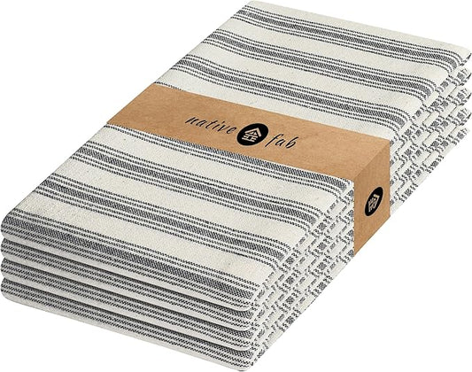Native Fab 4 Pack Farmhouse Modern Stripe Kitchen Dish Towels Cotton Super Absorbent Quick Drying Reusable 18x26 Inches - Bar Hand Towels, Kitchen Cleaning Towels with Hanging Loop, Zaha Black