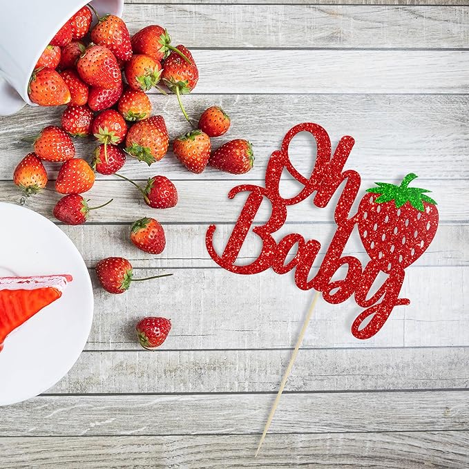 1 Pack Sweet Oh Baby Cake Topper Glitter Oh Baby Strawberry Cake Pick Fruit Berry Cake Decoration for Summer Strawberry Baby Shower Kids Birthday Party Supplies Red