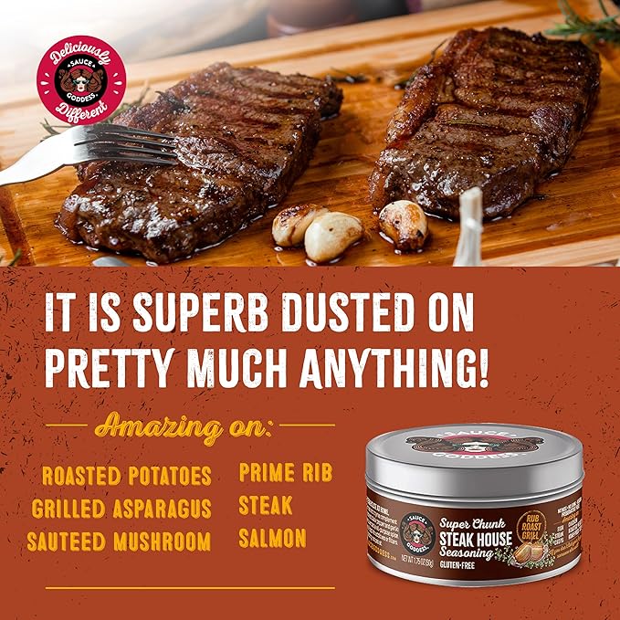Sauce Goddess - Super Chunk Steakhouse Seasoning (2 Tin Cans) - No Sugar, Additives, Vegan, Gluten-Free, Perfect for Meat, Chops & More - 1.75g Each