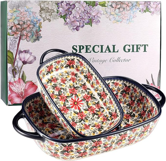 Ceramic Baking Dish Set of 2 ??Decorative Polish Pottery Style Casserole Dishes with Handles, Cute Oven-Safe Lasagna Bakeware Gift Set