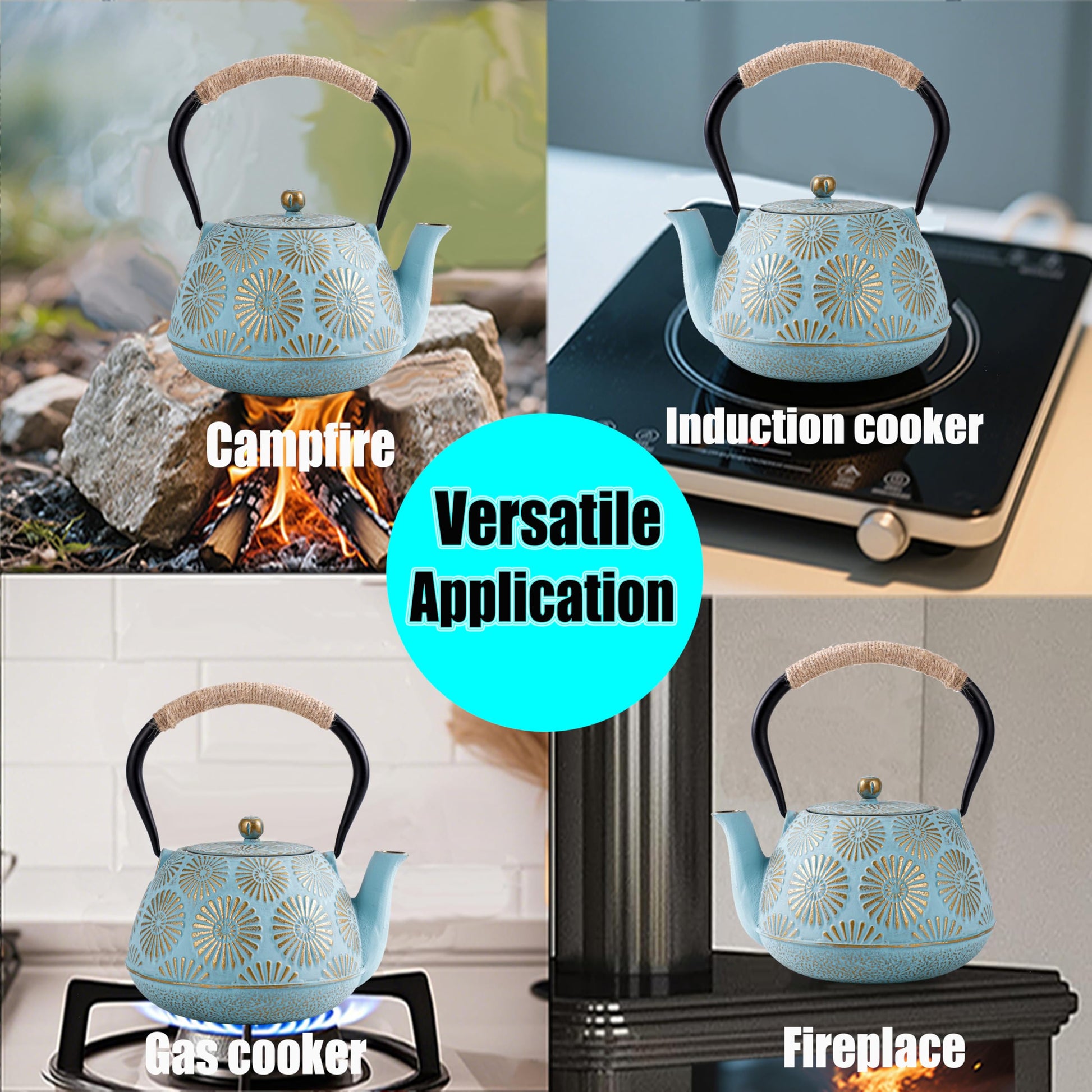 TiwisiTe Cast Iron Teapot 40oz Infuser, Gold Gilt Enamel Lining
