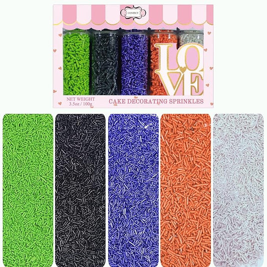 Confect Feast of Fears Sprinkles ??Edible Jimmies Mix in Silver, Orange, Irish Purple, Black & Lime Green ??Halloween Vermicelli Sprinkles for Cake, Cupcake, Cookie & Dessert Decoration- 5 Oz