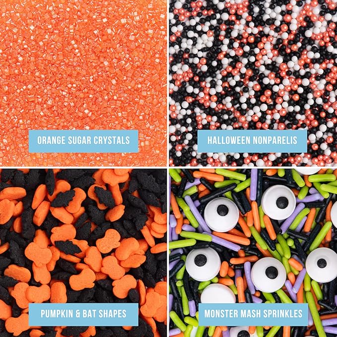 Sweets Indeed Halloween Sprinkles 4-Pack ??10.90 oz Jar Set | Candy Eyeball Mix, Bat & Pumpkin Quin Mix, Orange Sanding Sugar & Black/White/Orange Nonpareils | Cupcake & Cookie Decorations