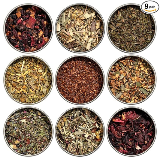 Heavenly Tea Leaves Organic Herbal Tea Sampler (Approx. 90 Cups of Loose Leaf Tea), 9 Naturally Caffeine-Free Tisanes - Great Hot or Iced, Variety Pack, Assorted Gift Set, Health & Immune Support