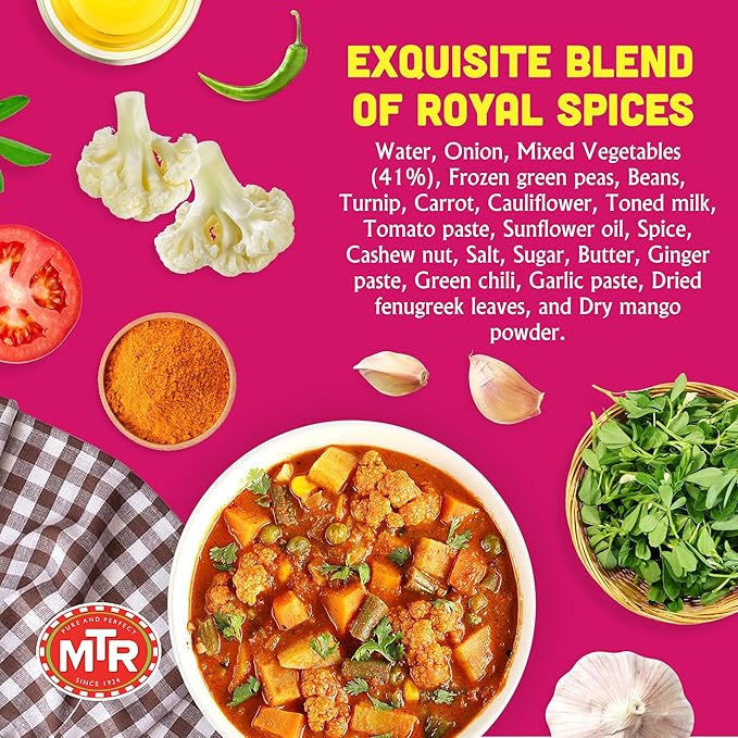 MTR - Minute Meals: Flavorful Mixed Vegetable Curry - Authentic Indian Ready-to-Eat Meal with No Added Preservatives - A Quick Meal Suitable for Vegetarians, Ready in Minutes! (Pack of 6)