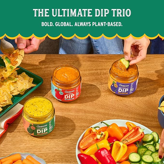 Growee Vegan Dip Pack ??Plant-Based Queso, Nut-Free, Mayo & Dressing Alternative ??Dairy-Free & Gluten-Free ??3 Flavor Variety: Red Pepper, Garlic Eggplant, Curry Zucchini