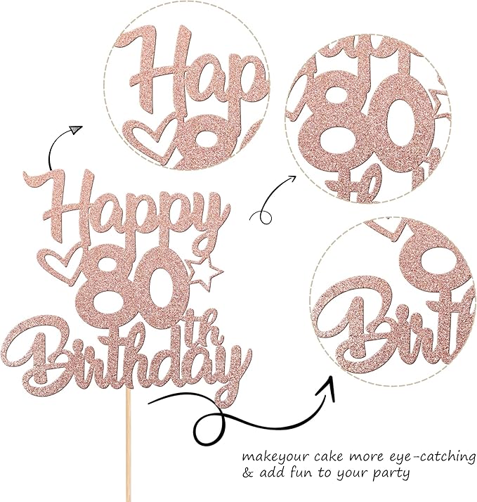 1 Pack Happy 80th Birthday Cake Topper Glitter Heart Star 80 Fabulous Cake Pick Birthday Sign Cake Decorations for 80th Birthday Theme Party Supplies Rose Gold