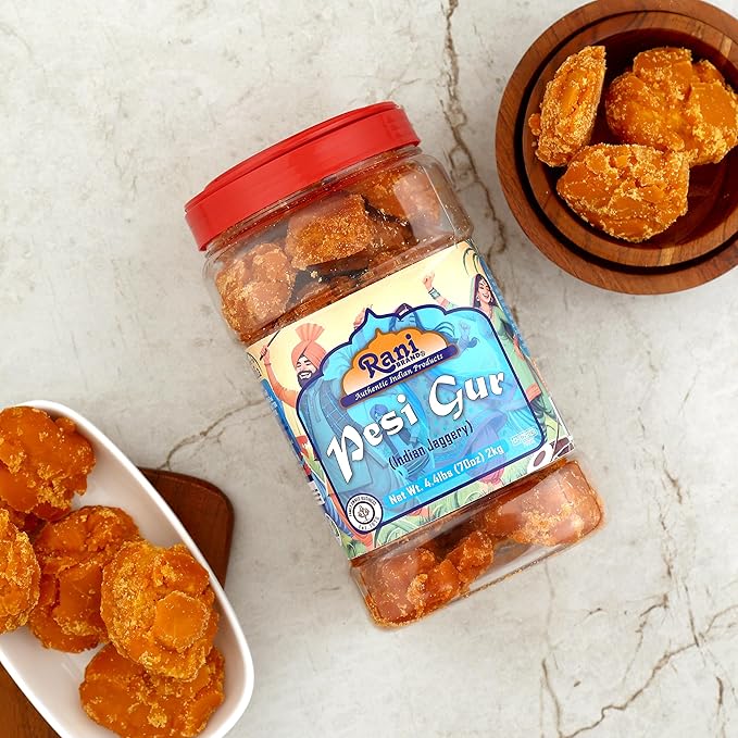 Rani Pesi Gur (Jaggery) Indian Unrefined Raw Cane Sugar 70oz (4.4lbs) 2kg PET Jar ~ Gluten Friendly | Vegan | NON-GMO | Kosher | No Salt or fillers | Indian Product