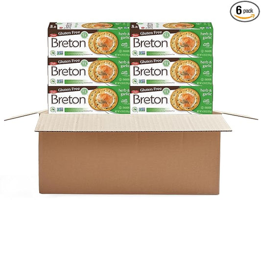 Dare Breton Gluten Free Crackers, Herb and Garlic, 4.76 oz Box (Pack of 6) – Healthy Gluten Free Snacks with No Artificial Colors or Flavors – Made with Tapioca Flour and Green Lentil Flour