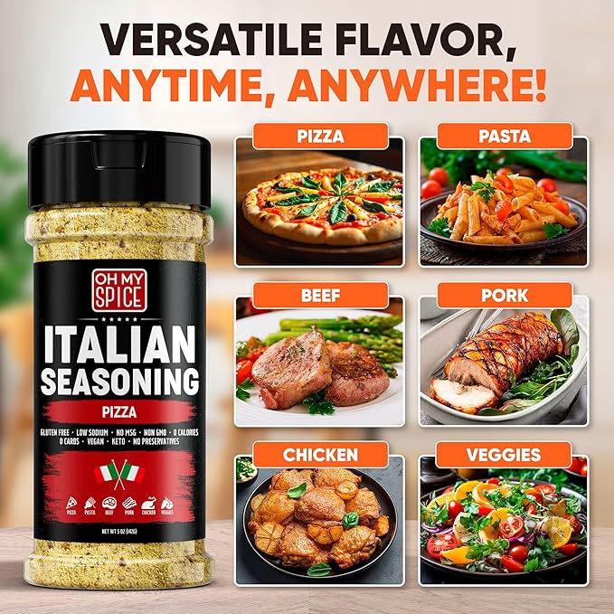 Italian Seasoning Blend Pizza Spice Mix - Gluten Free & Low Sodium Pizza Seasoning for Bruschetta & Spaghetti. Mediterranean Herbs Seasonings for Italian Food. Herbs Toppings for Pasta & Beef. 5oz