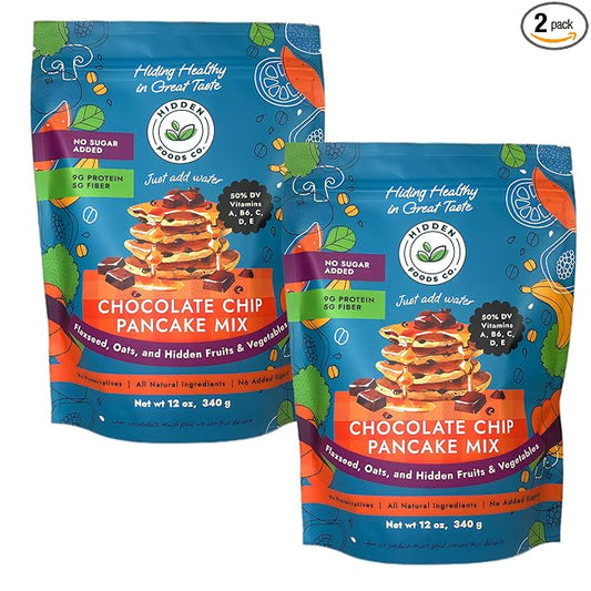 Hidden Foods Chocolate Pancake Mix with Monk Fruit ??Chocolate Chip Pancakes Perfect Breakfast - Fiber and Protein Choco Pancake Mix with Wheat & Oat Flour Blend of Vegetables - Waffle Mix 2 Pack