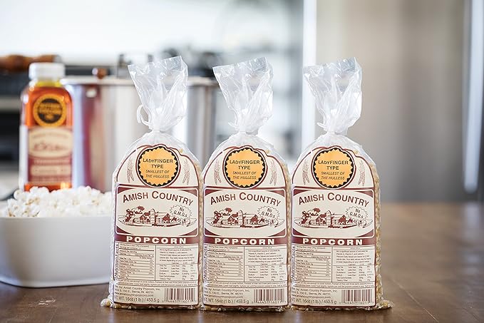 Amish Country Popcorn | 3-1 lb Bags | Ladyfinger Popcorn Kernels | Old Fashioned, Non-GMO and Gluten Free