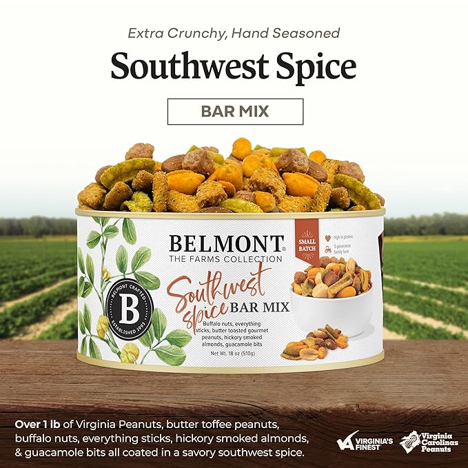 Belmont Peanuts Southwest Spice Bar Mix, 18 oz (1 Pack) ??Virginia Peanuts, Buffalo Nuts, Everything Sticks, Smoked Almonds and Guacamole Bits ??Simple Ingredients, No Preservatives, Hand Seasoned