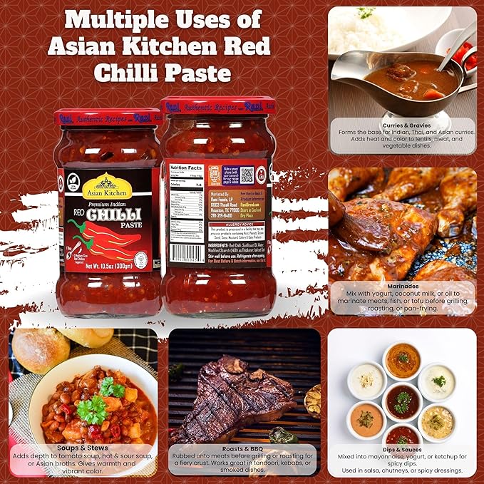 Asian Kitchen Red Chilli Cooking Paste 10.58oz (300g) Glass Jar ~ Vegan | Gluten Free | NON-GMO | No Colors | Indian Origin