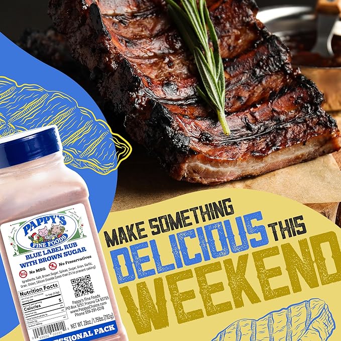 New Pappy's Blue Label Rub With Brown Sugar. Perfect for bbq and smoked brisket, steak, beef, chicken, fajita, seafood, veggies, rotisserie, fried, roast pulled and slow cooked meats and more - A NEW twist on a 30+ year seasoning recipe.