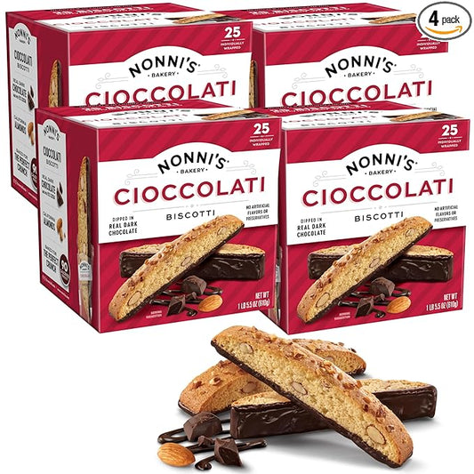 Nonni's Cioccolati Dark Chocolate Almond Biscotti Cookies ??Individually Wrapped Italian Coffee Snack, Crunchy Twice-Baked, 90 Cal Each, 21.5 oz Carton, 4 Pack
