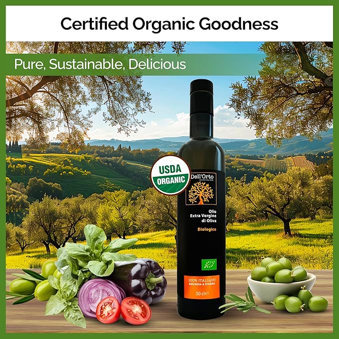 Dell'Orto USDA Organic Extra Virgin Olive Oil (500ml) | Gold Medalist NYIOOC 2025 | Sustainably Farmed, Cold Pressed Italian Olive Oil | Harvest Date, Dark Glass Bottle | 16.9 fl oz