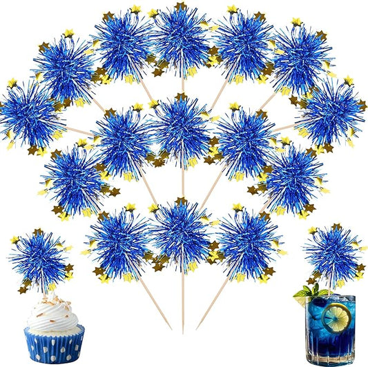 Rsstarxi 30 Pack Foil Firework Cupcake Toppers Sparkle Tinsel Drink Cake Decorations Cocktail Food Toothpicks for Happy Valentine's Day Birthday Wedding Graduation Party Decorations Blue