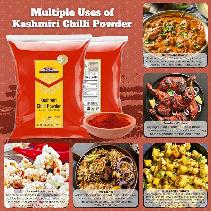 Rani Kashmiri Chilli Powder (Deggi Mirch, Low Heat) Ground Indian Spice 80oz (5lbs) 2.27kg Bulk ~ All Natural | Salt-Free | Vegan | No Colors | Gluten Friendly | NON-GMO | Kosher | Indian Origin