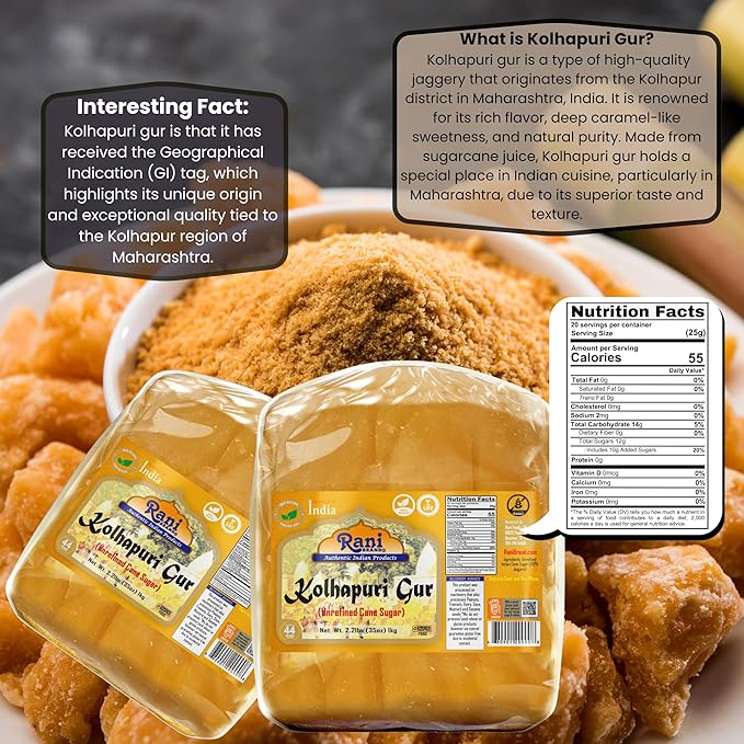 Rani Kolhapuri Gur (Jaggery) 35oz (2.2bs) 1kg ~ Unrefined Cane Sugar, No Color added, Gluten Friendly | Vegan | NON-GMO | Kosher | No Salt or fillers