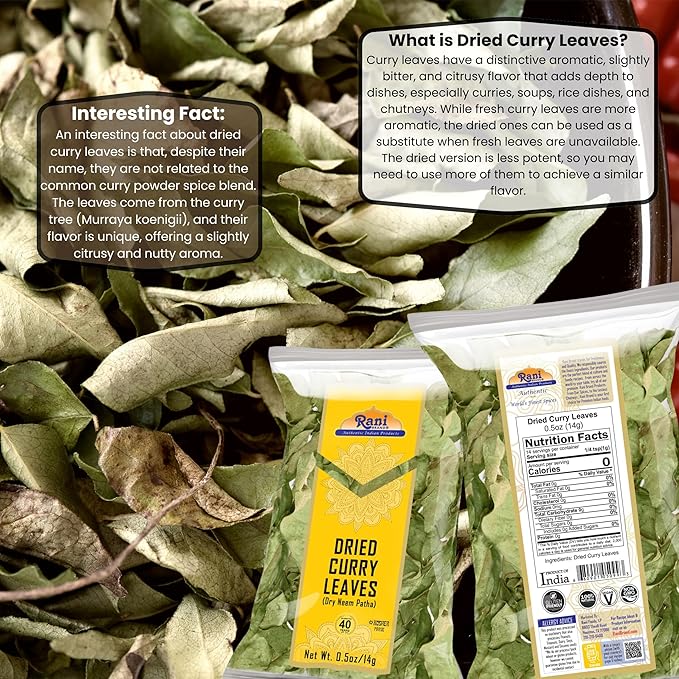 Rani Dried Curry Whole Leaves (Kari Neem Patha) Indian Spice 0.5oz (14g) ~ Non-irradiated | All Natural | Vegan | Gluten Friendly | NON-GMO | Product of USA