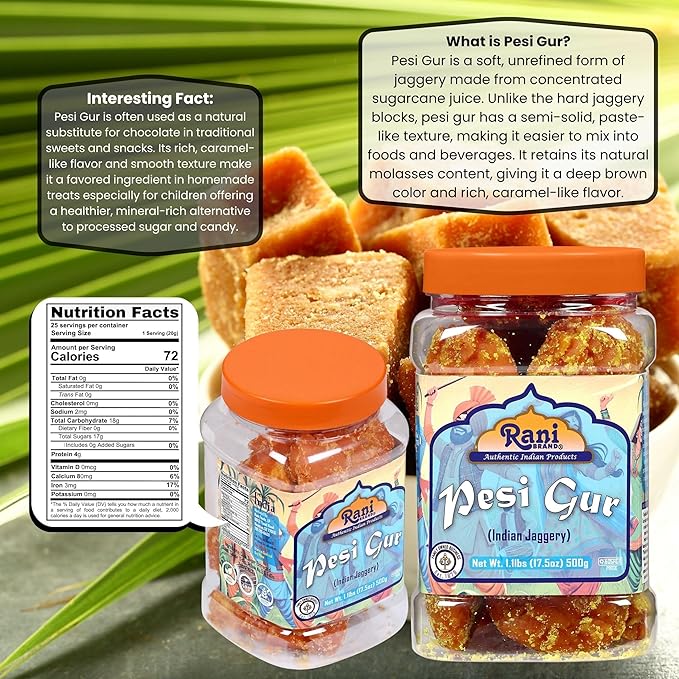 Rani Pesi Gur (Jaggery) Indian Unrefined Raw Cane Sugar 17.5oz (1.1lbs) 500g PET Jar ~ Gluten Friendly | Vegan | NON-GMO | Kosher | No Salt or fillers | Indian Product