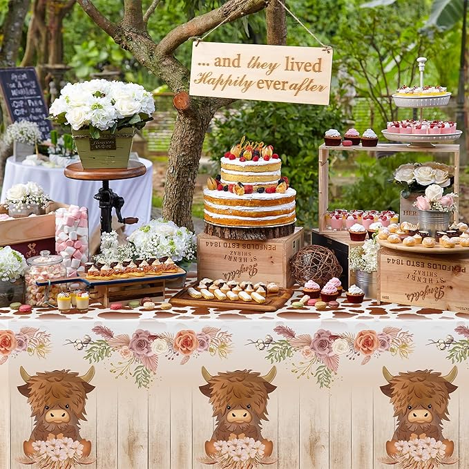3Pcs Highland Cow Party Tablecloths, Brown Highland Cattle Birthday Table Cover, Brown Cow Print Themed Party Decorations Plastic Disposable Rectangular Table Cloth Decor for Kids Birthday Baby Shower