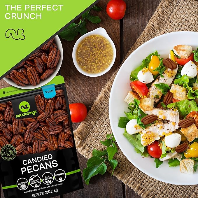 NUT CRAVINGS - Candied Pecans Honey Glazed Praline, No Shell (80oz - 5 LB) Bulk Nuts Packed Fresh in Resealable Bag - Healthy Protein Food Snack, Food Assortments
