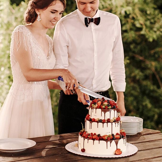 Cake Knife and Server Set, Cake Cutter and Pie Spatula, Cake Server and Knife Set with Acrylic Crystal Handles, Cake Cutting Set for Wedding Cake ??1.2mm Thick Blades, Birthdays, and Parties (Blue)